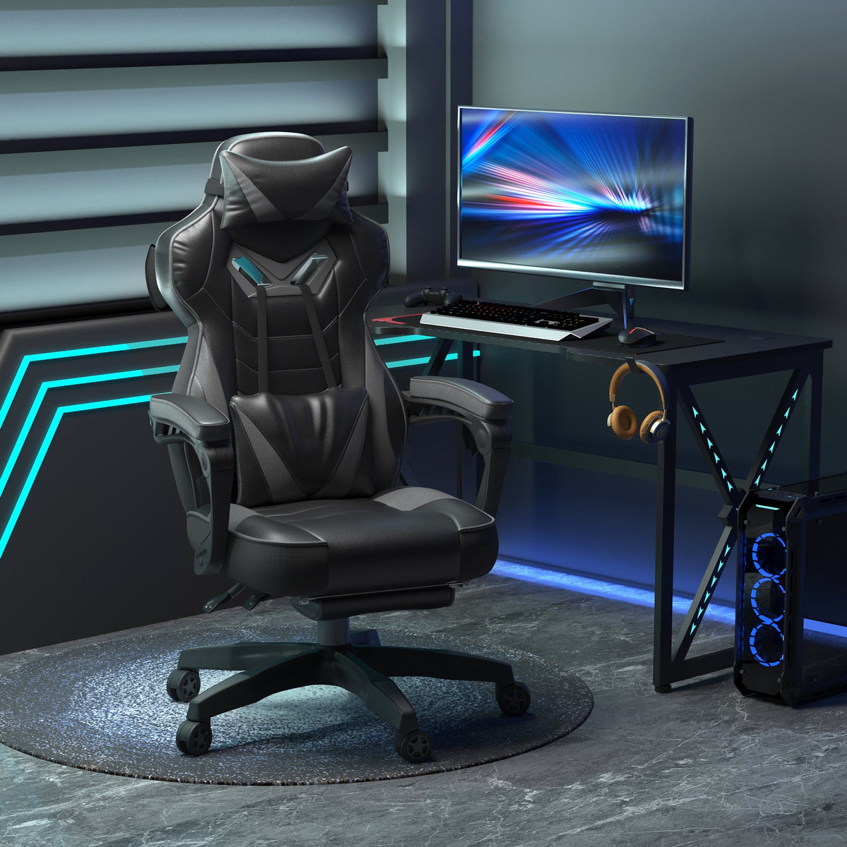Gaming chair with headrest, lumbar support, and reclined seat with footrest deployed; dark grey