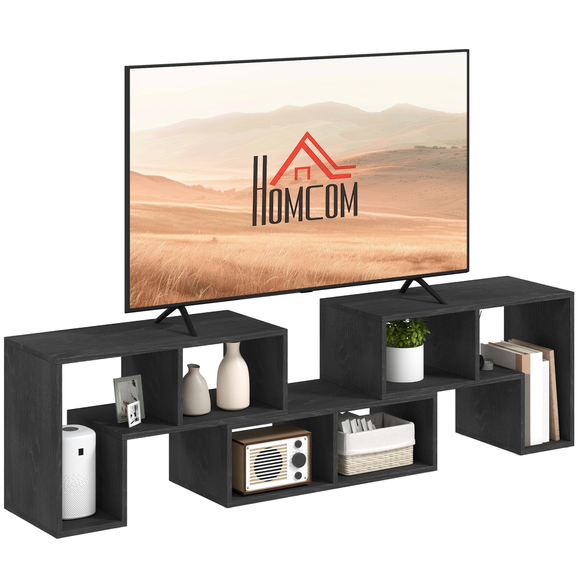 Black TV stand with open storage cubbies and center media shelf, for up to 75 in TVs