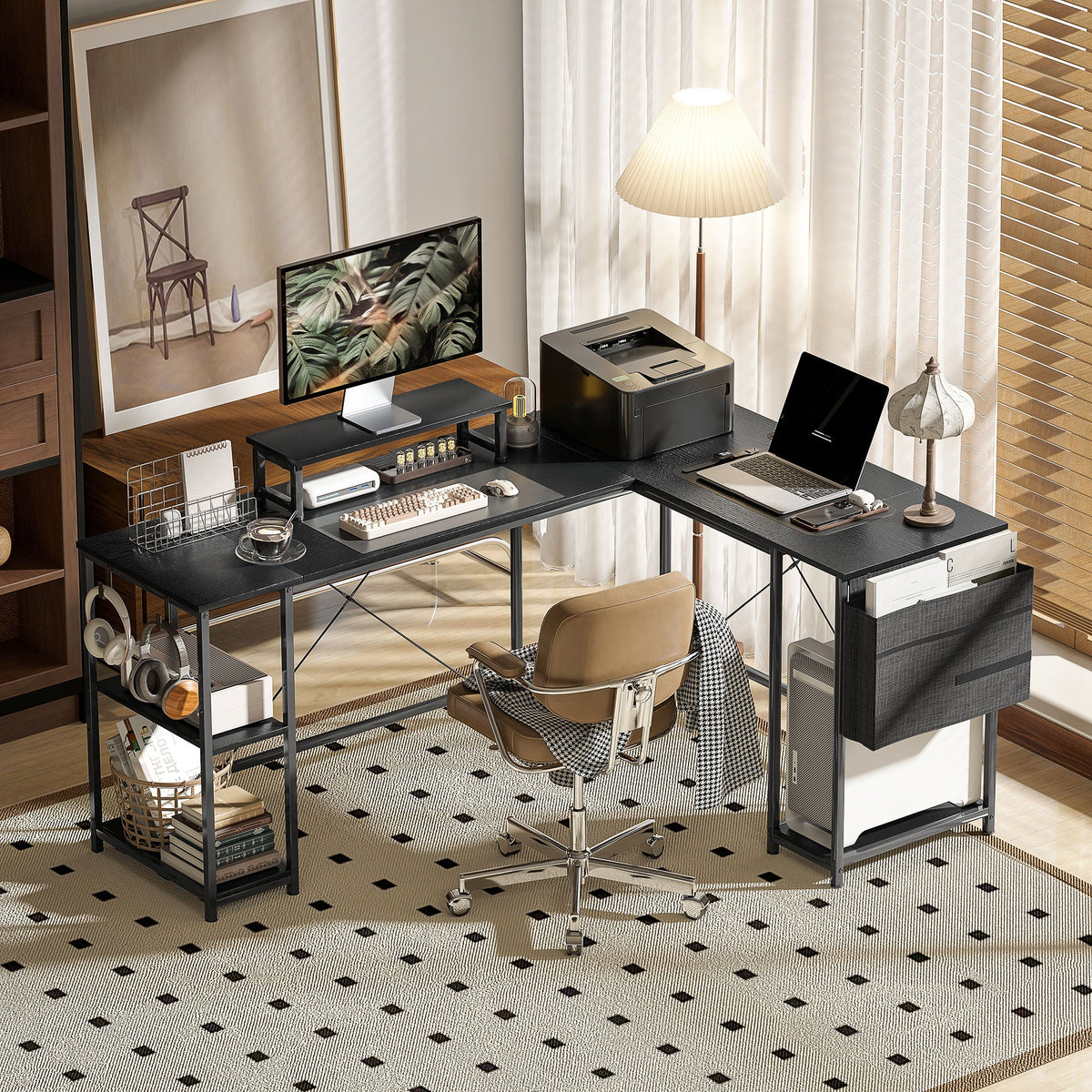 Black corner computer desk with monitor stands, tier shelves, and fabric storage drawers