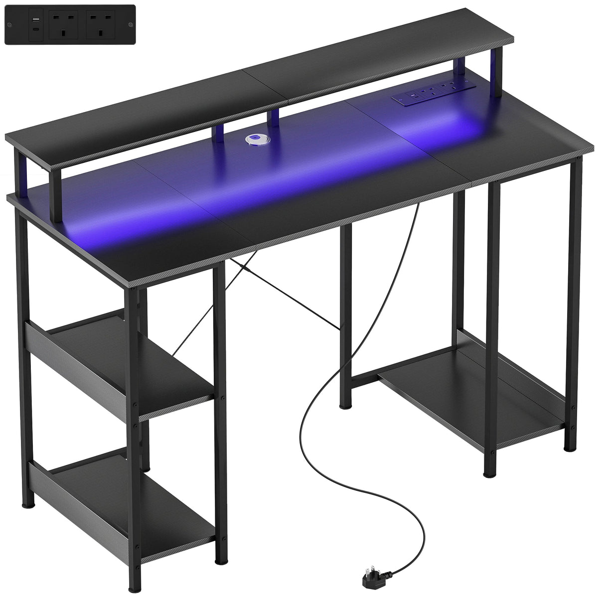 Grey computer desk with open shelves and glowing LED light under the desktop