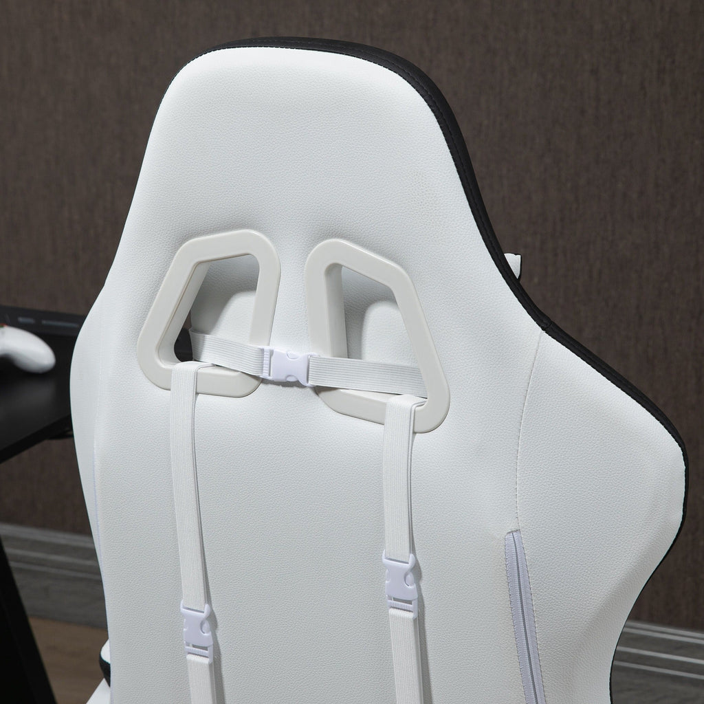 White gaming chair close-up of headrest and armrest attachment with black trim.