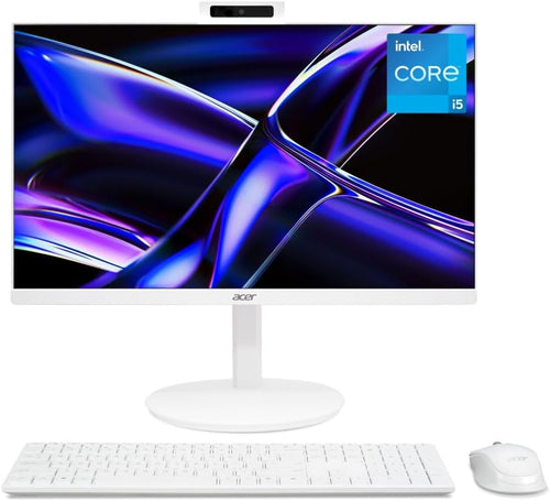 White all-in-one desktop computer with keyboard and widescreen display