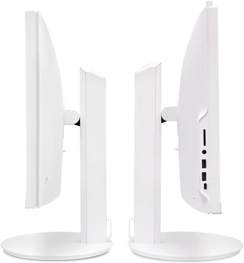 White widescreen all-in-one desktop monitor on round stand, side ports view