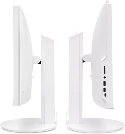 White widescreen all-in-one desktop monitor on round stand, side ports view