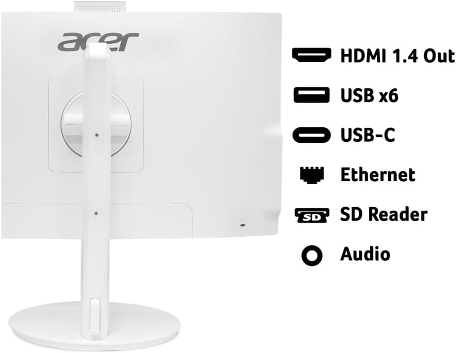 White all-in-one desktop rear view with stand and HDMI/USB/Ethernet ports