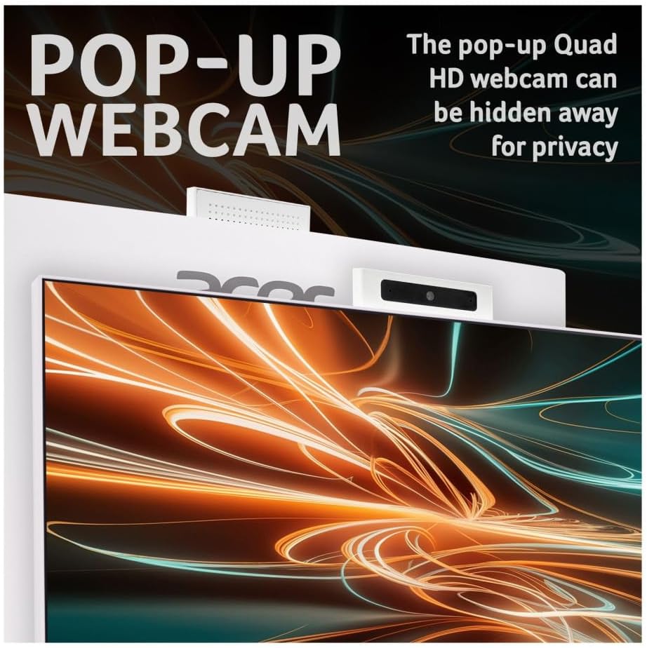 White all-in-one desktop monitor with pop-up HD webcam and privacy cover