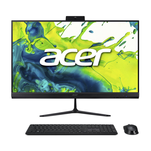 27-inch desktop monitor with black stand, vibrant green-blue splash display