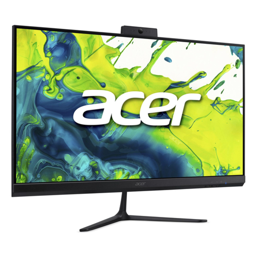 27-inch desktop monitor with black stand, green-blue splash screen, front view