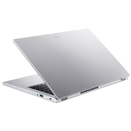 Silver laptop with lid partly open, showing hinge and underside ports