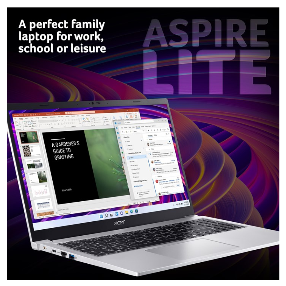Light silver 15-inch Acer Aspire Lite laptop with open keyboard and screen