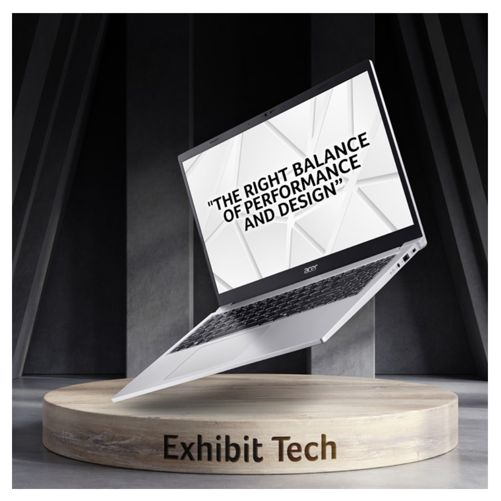 Light silver 15-inch Acer Aspire Lite laptop angled on a display pedestal