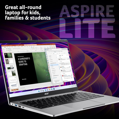 Silver Acer Aspire Lite laptop angled view with colorful display and trackpad