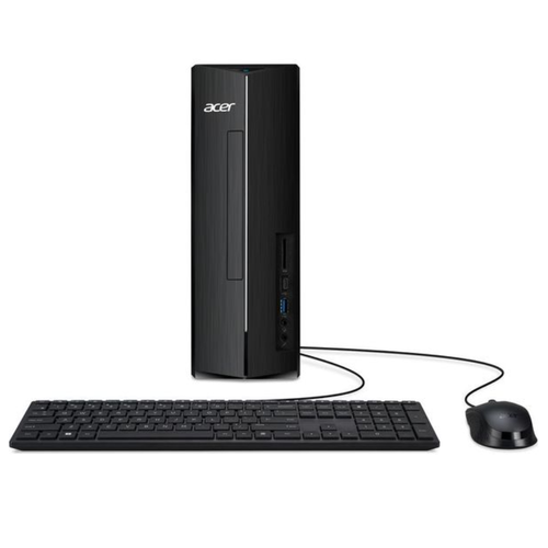 Black computer keyboard with black tower desktop and mouse
