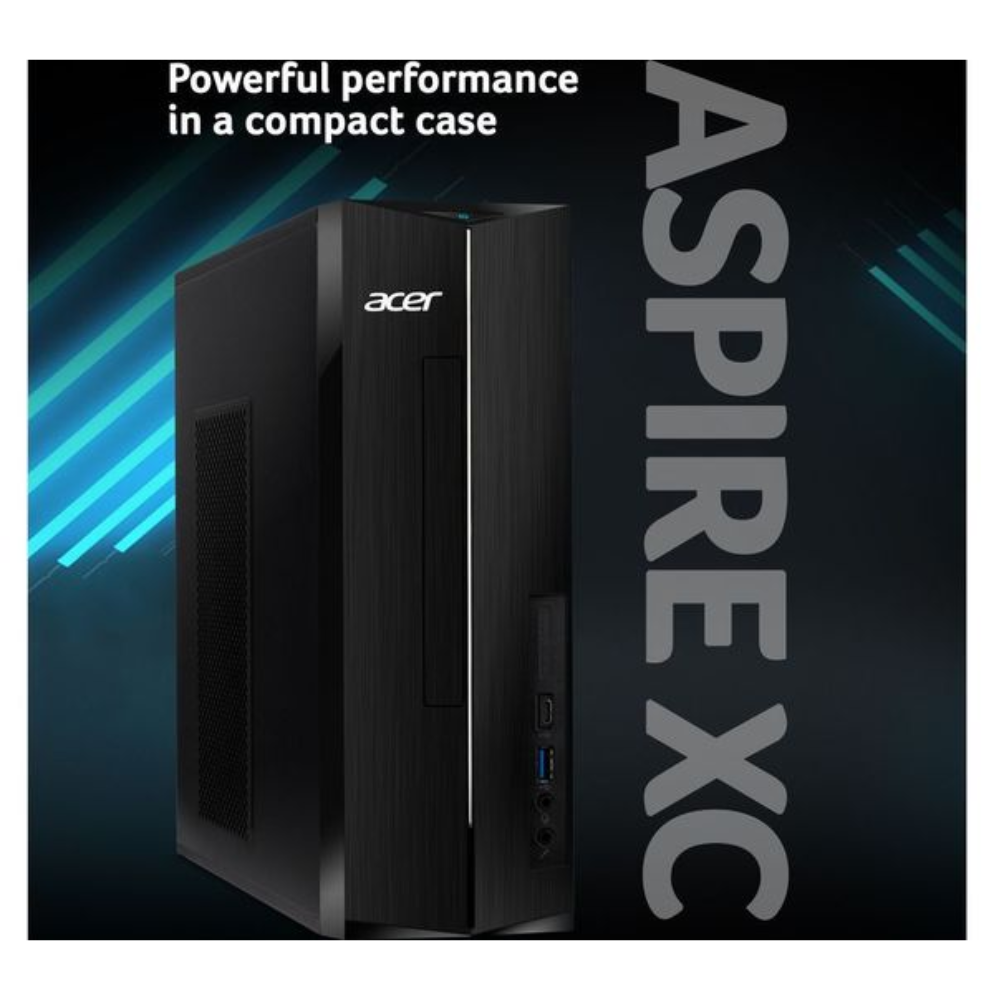 Black Acer desktop PC tower in compact case, side ports visible