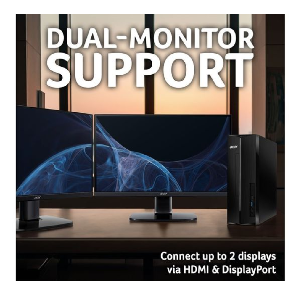 Black desktop PC tower next to two monitors for dual-display setup