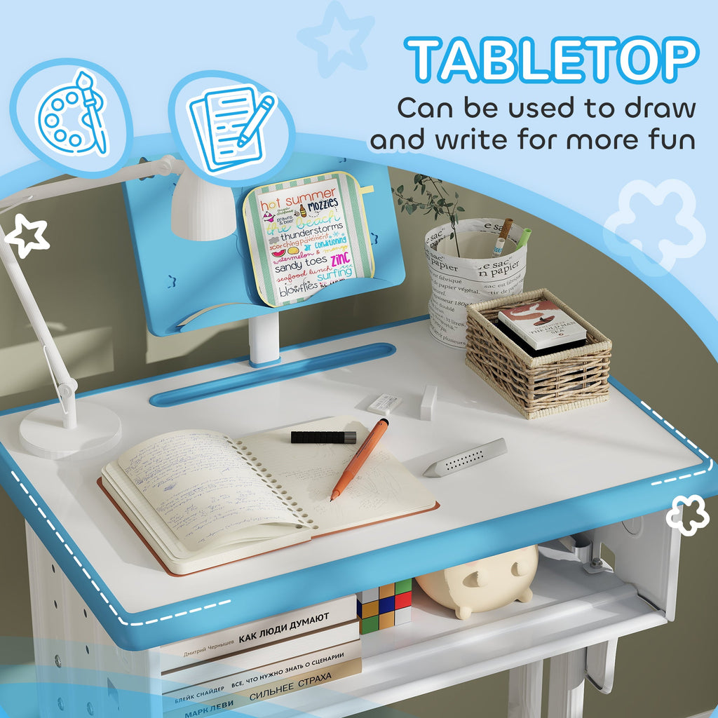 Kids desk and chair set with blue tabletop and open shelf for books and supplies