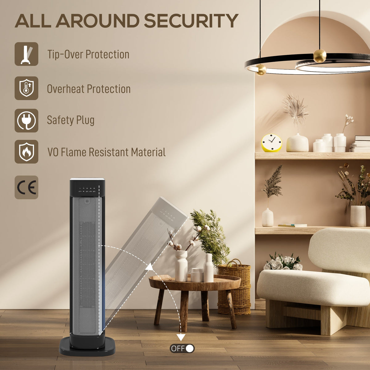 Black ceramic tower heater with mesh grille and base, safety icons shown