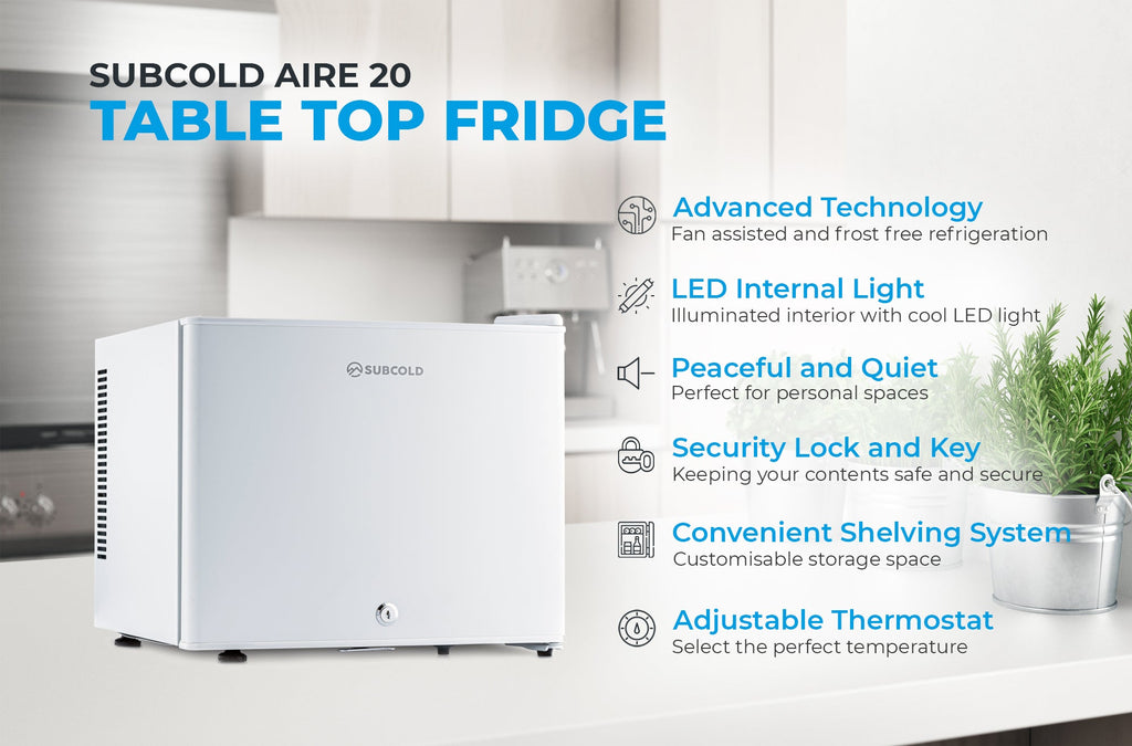 White Subcold Aire20 LED mini fridge with front vent and control knob