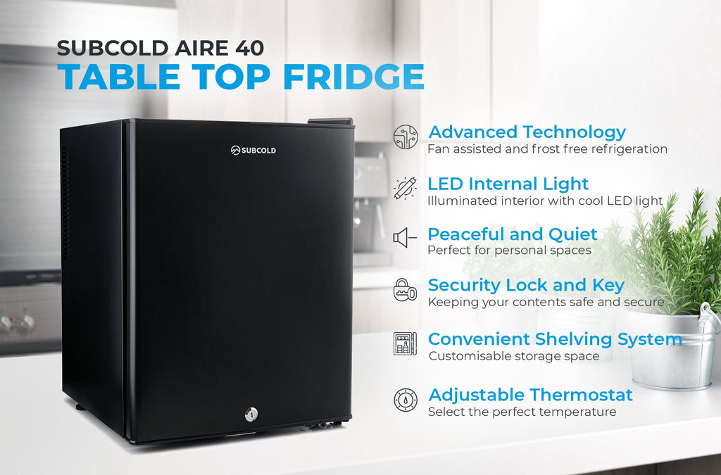 Black tabletop mini fridge with LED interior light and control features diagram