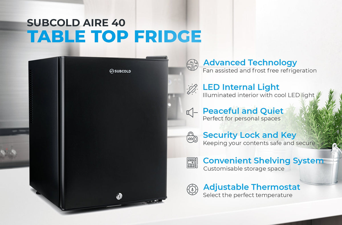 Black tabletop mini fridge with LED interior light and control features diagram