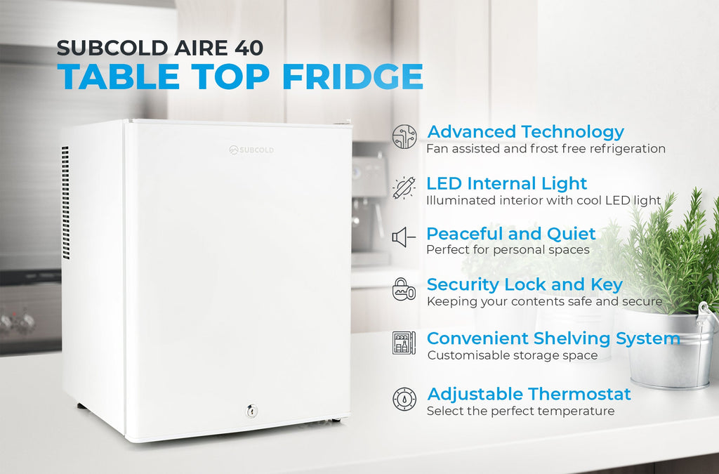 White mini fridge features: LED light, lock, adjustable thermostat