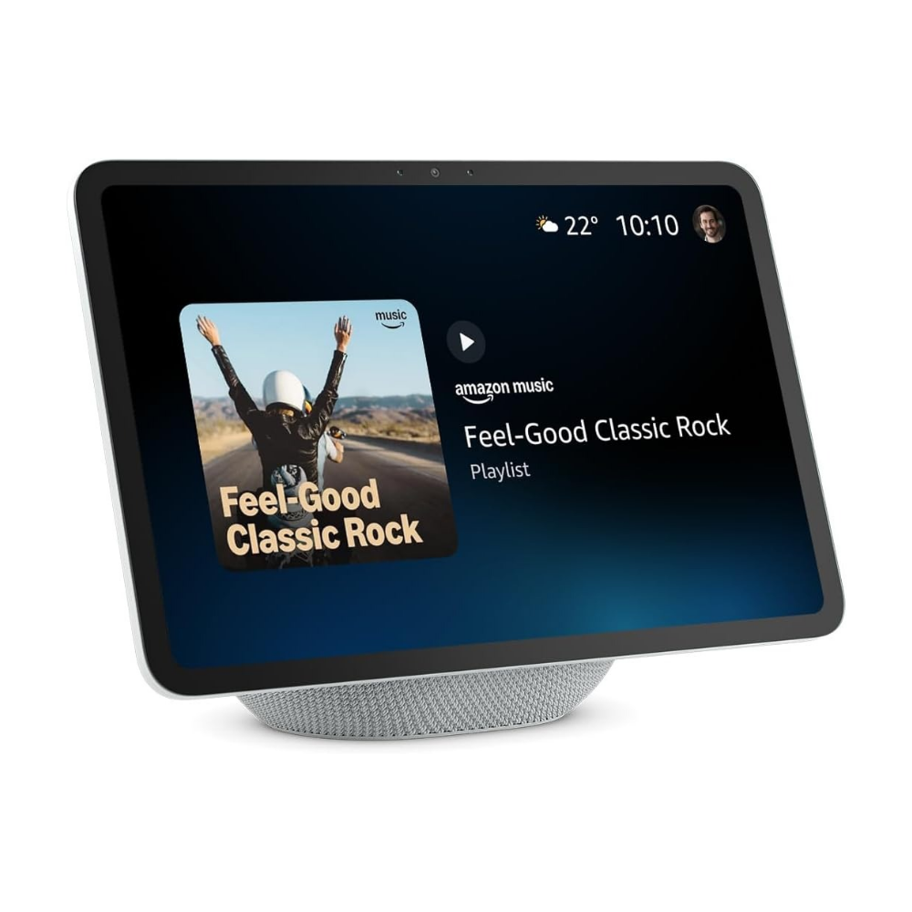 Glacier white smart display with dark screen and stand, Echo Show 11 front view.