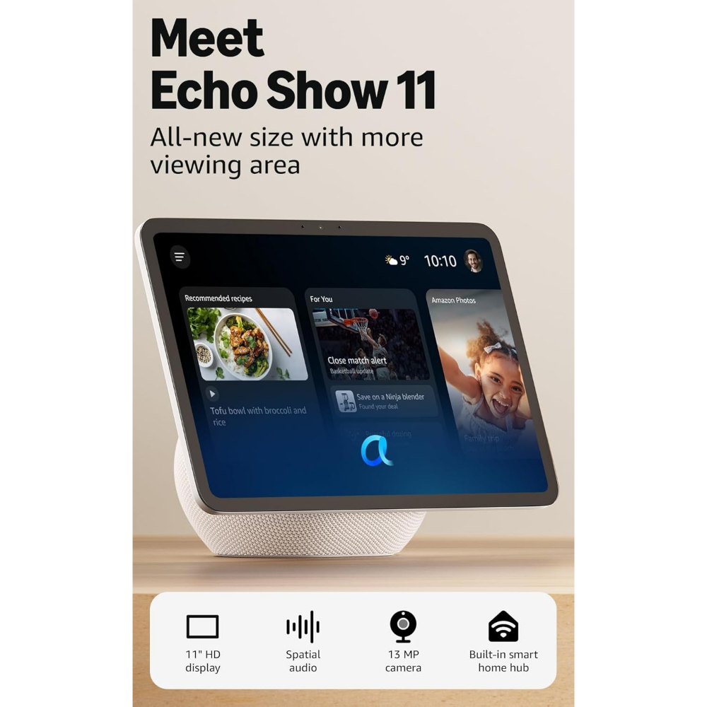 Glacier white smart display on white stand with home and media icons, front view.