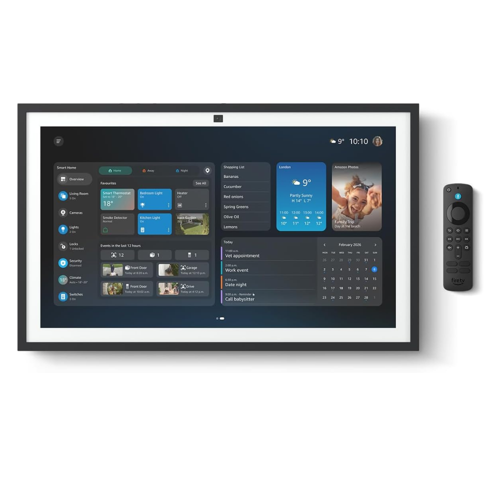 Amazon Echo Show 21 smart speaker with display, front screen and remote on side
