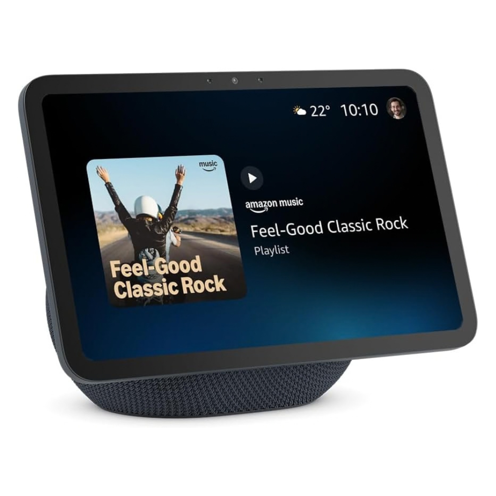Echo Show smart display with dark screen and speaker base, front view with music