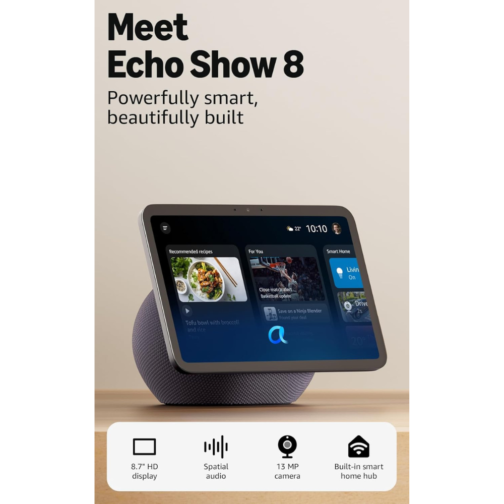 Echo Show smart display on round speaker base, front view