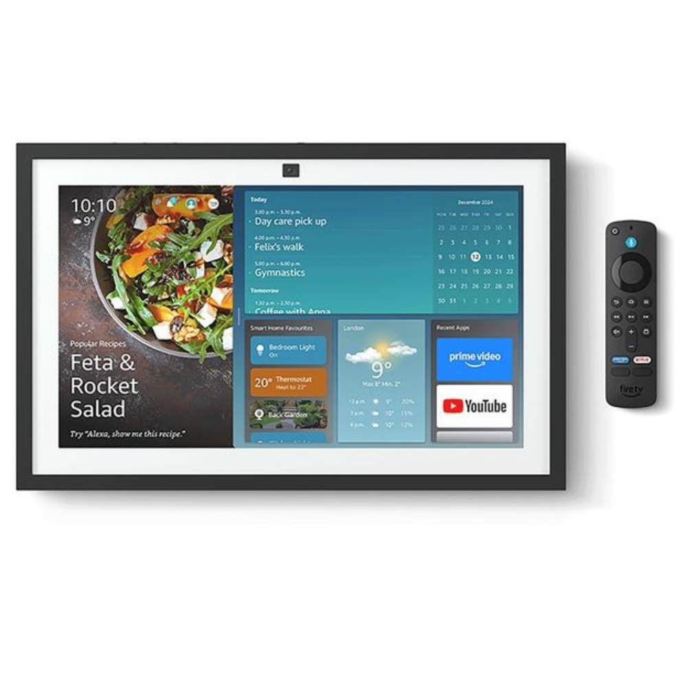 Wall-mounted smart display with colorful recipe and calendar apps on screen