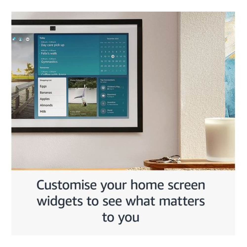 Wall-mounted smart display showing grocery list and weather on teal dashboard