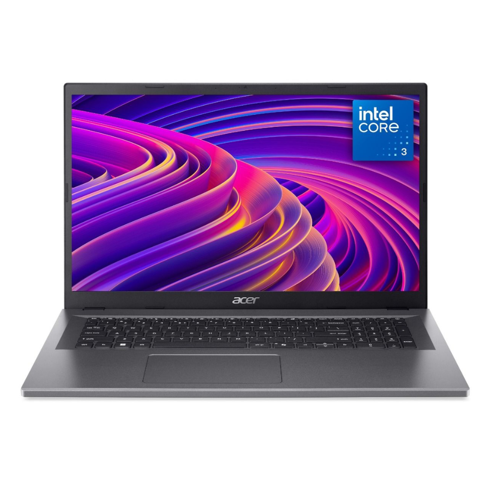 Acer Aspire GO 17 laptop, silver, front view with keyboard and colorful display