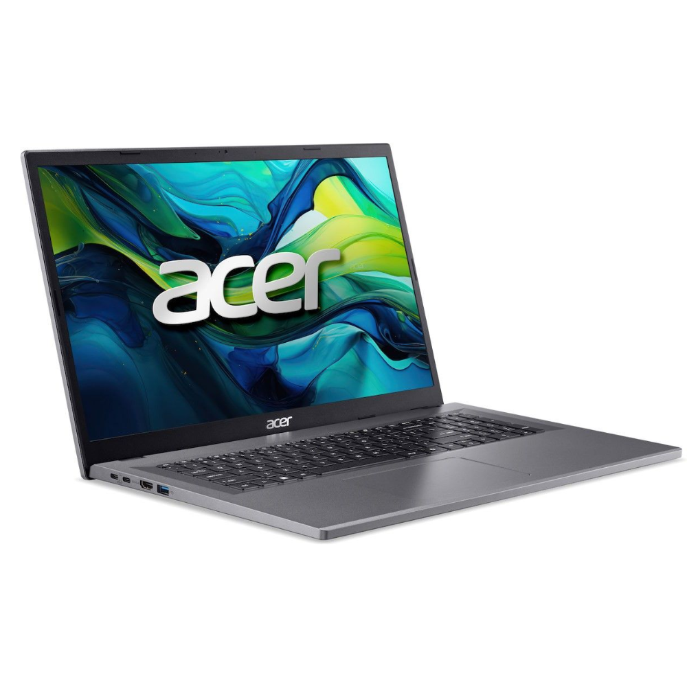 Acer Aspire GO 17 laptop, silver, angled view with acer logo on display