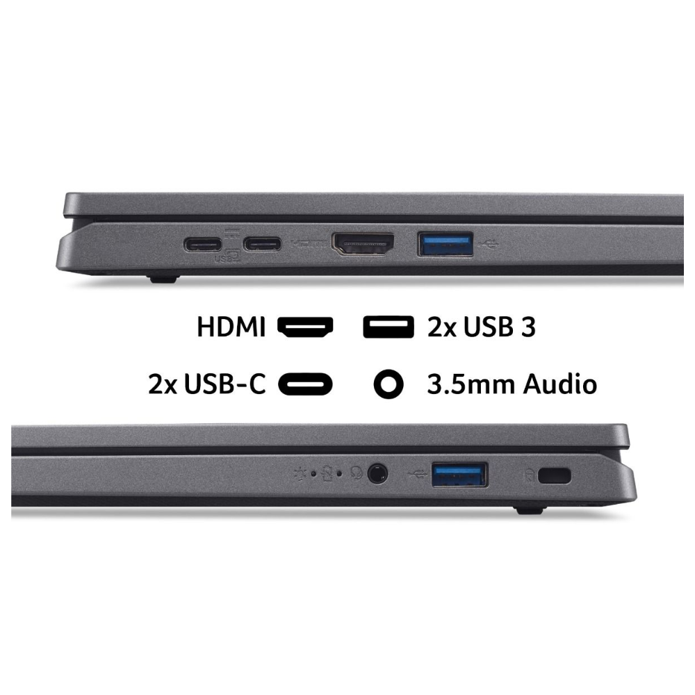 Laptop side ports: HDMI, USB-C, USB 3, and 3.5mm audio jack