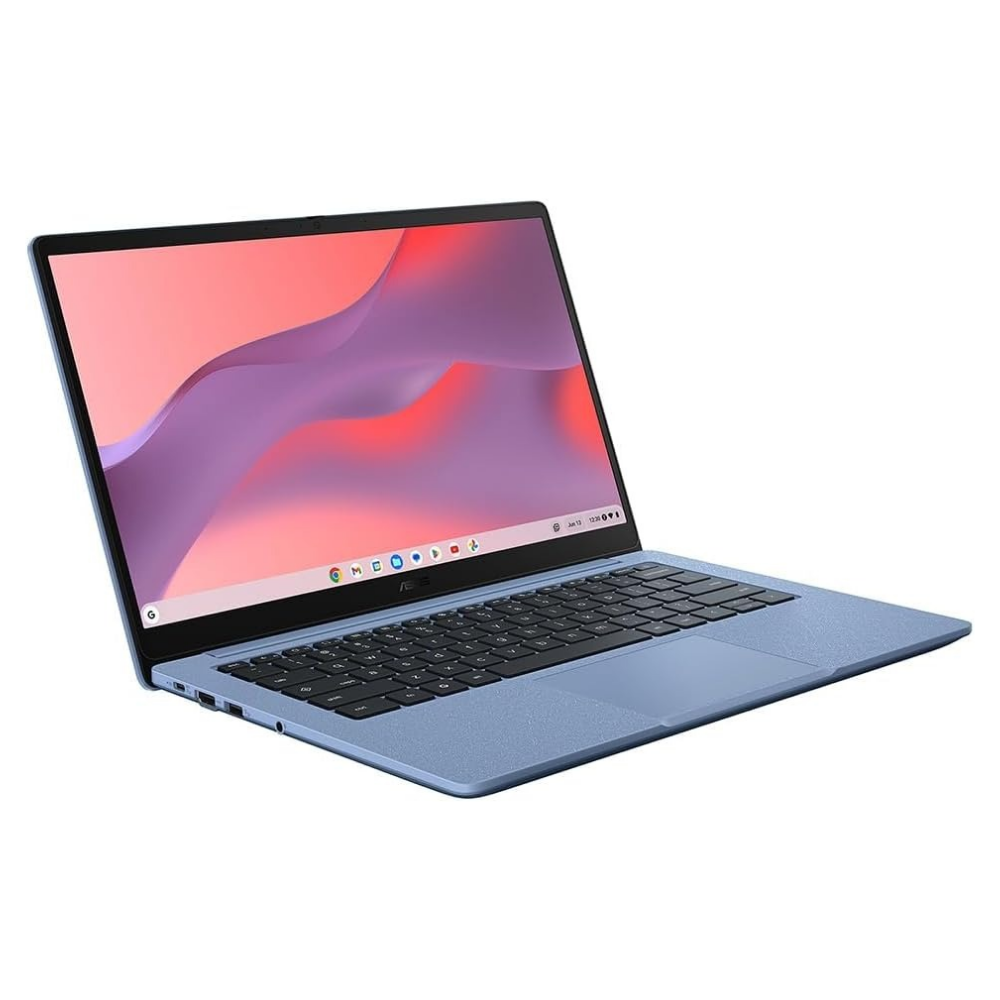 ASUS Chromebook laptop in grey with black keyboard, open front view