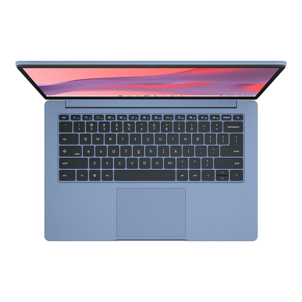 ASUS Chromebook laptop, grey keyboard deck with large trackpad, top view