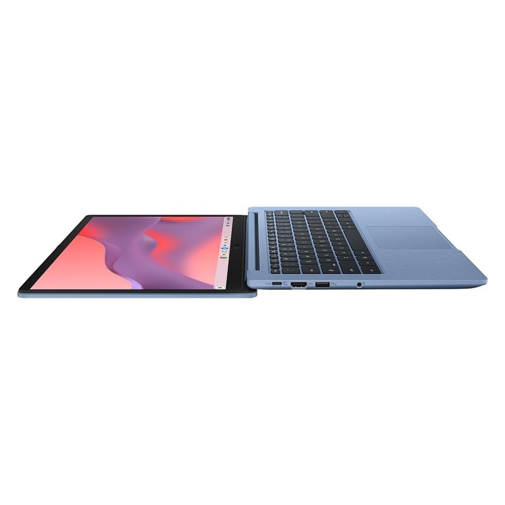 ASUS Chromebook laptop, grey base with open display, side angle