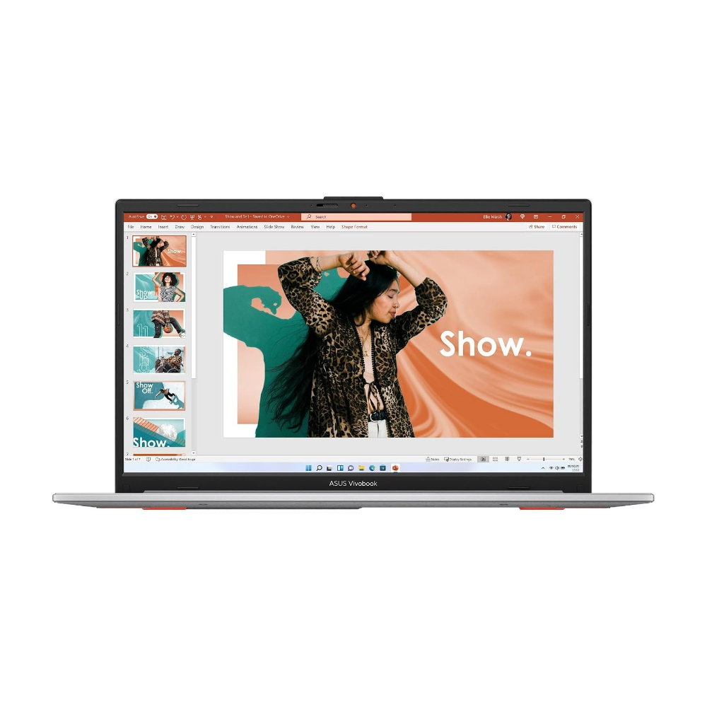 Silver ASUS laptop with open display showing desktop interface