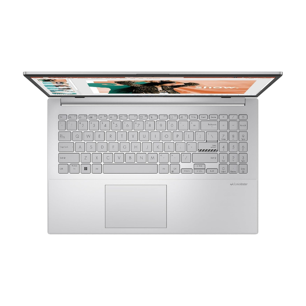 Silver ASUS laptop showing keyboard and large touchpad