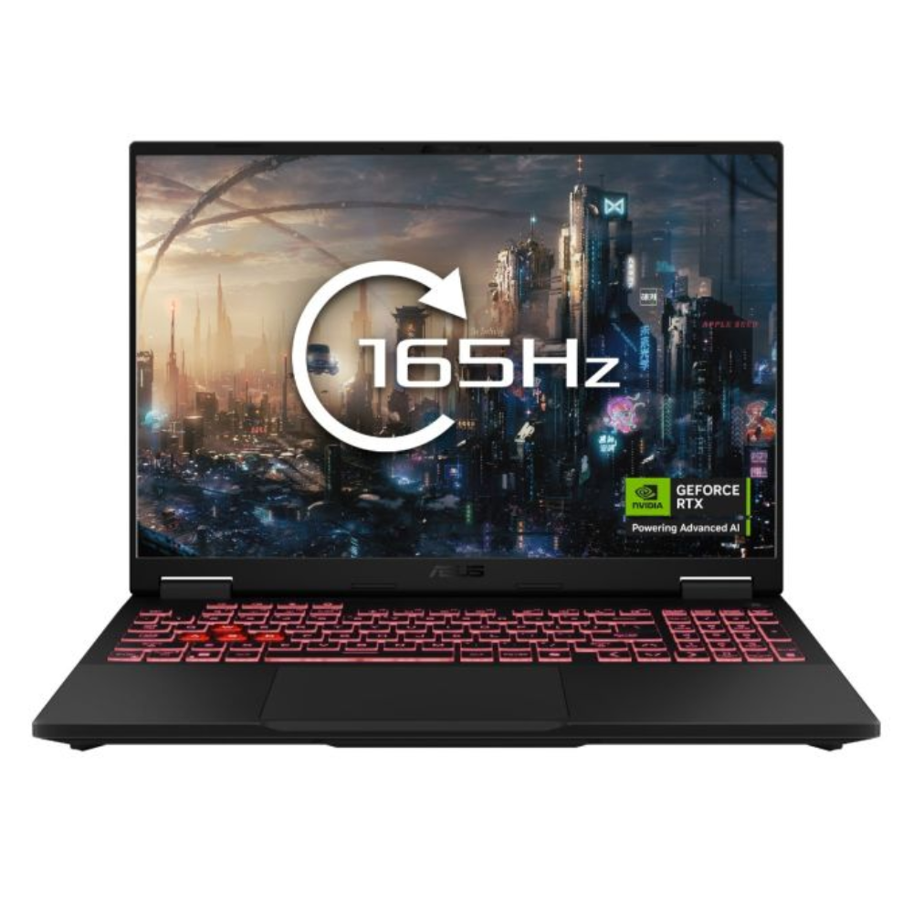 Black gaming laptop with red backlit keyboard and 165Hz display