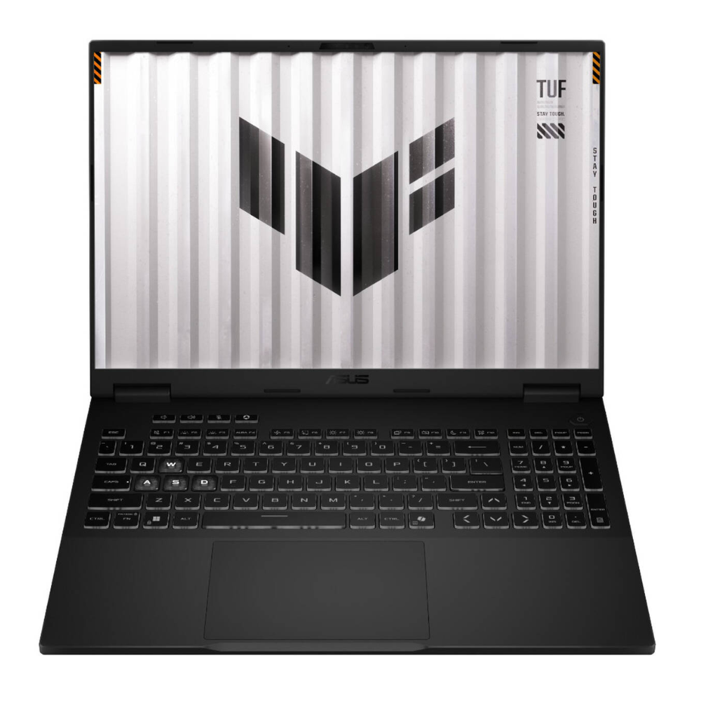 Black gaming laptop front view, open screen with TUF branding