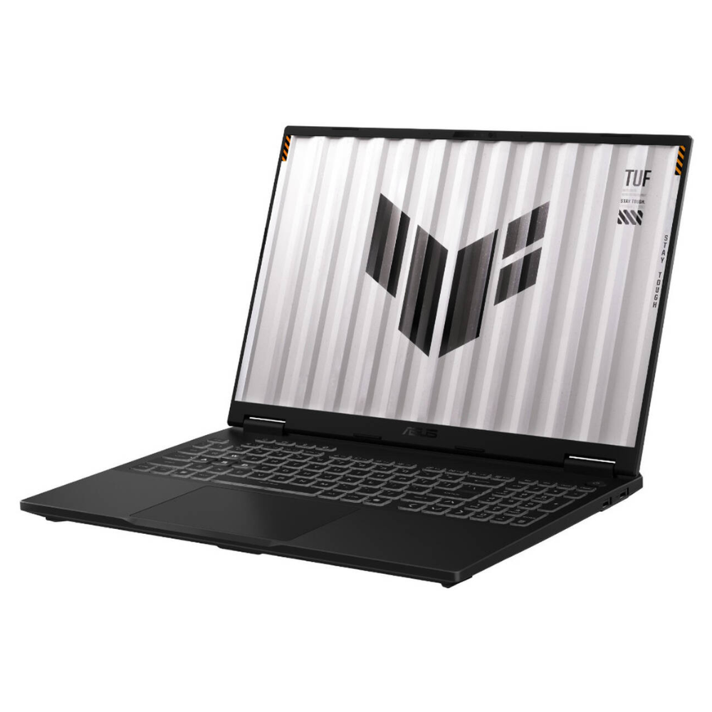 Black gaming laptop angled open, keyboard deck and striped screen pattern