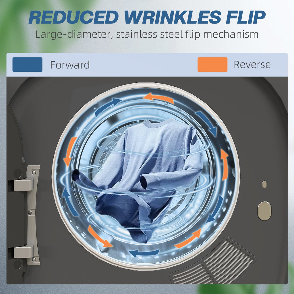 Grey tumble dryer drum with clothing motion arrows showing forward and reverse airflow