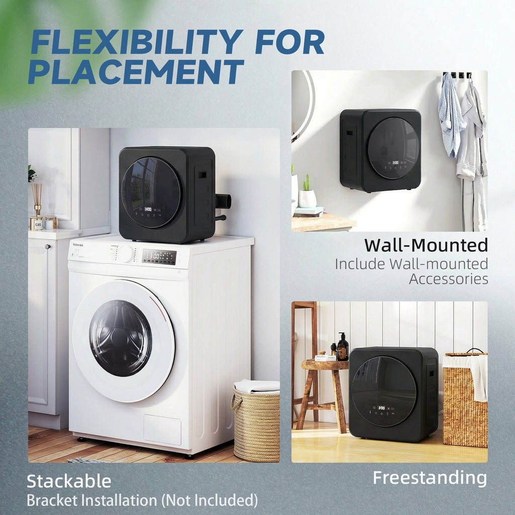 Black compact tumble dryer displayed in freestanding and wall-mounted placement