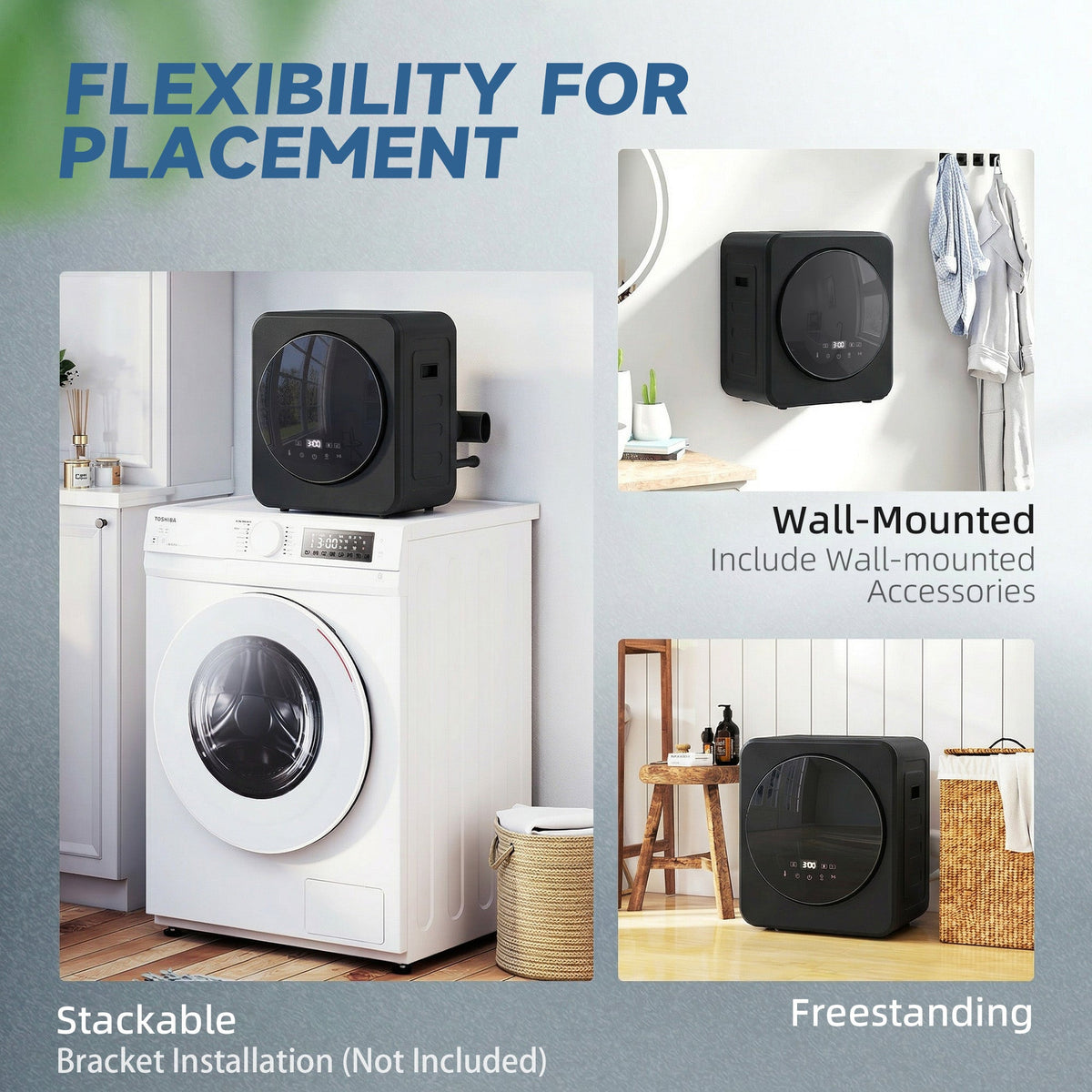 Black compact tumble dryer displayed in freestanding and wall-mounted placement