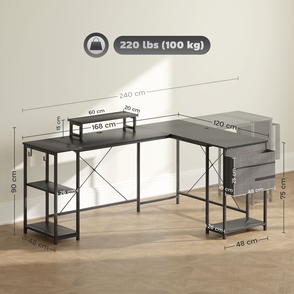 Black L-shaped corner desk with shelves and monitor stand, with size diagram