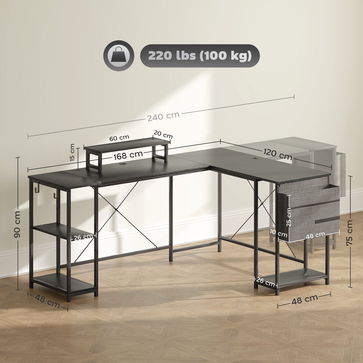 Black L-shaped corner desk with shelves and monitor stand, with size diagram