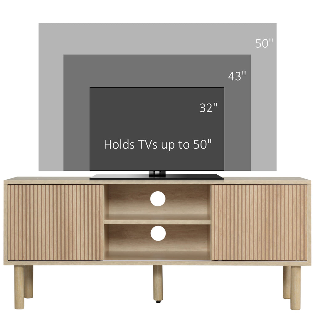 Natural wood TV stand cabinet with two sliding doors and open shelf center for devices