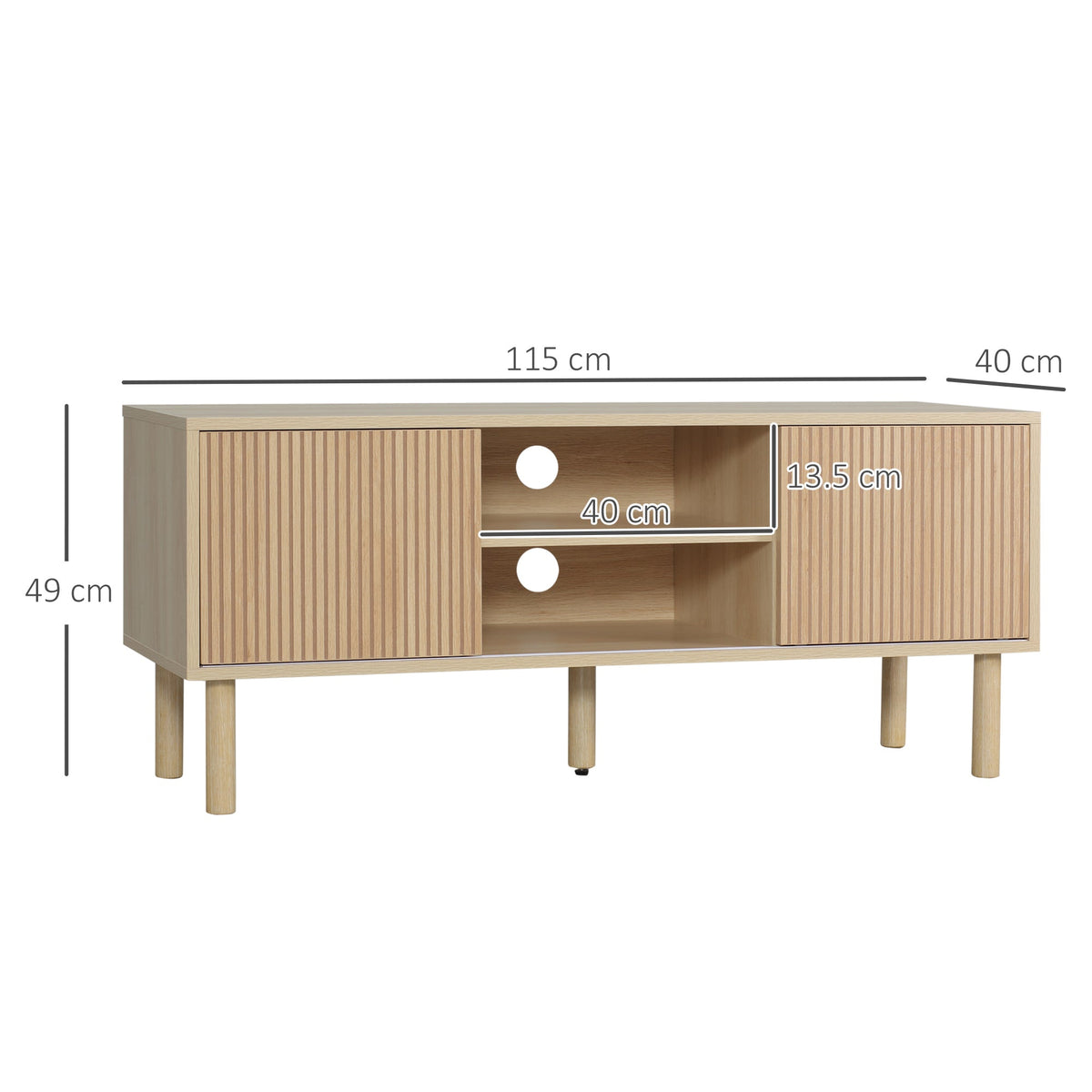 Natural wood TV stand cabinet with sliding doors, open center compartment, and four legs